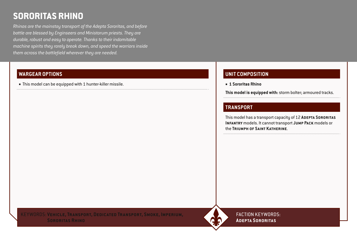 Sororitas Rhino Options