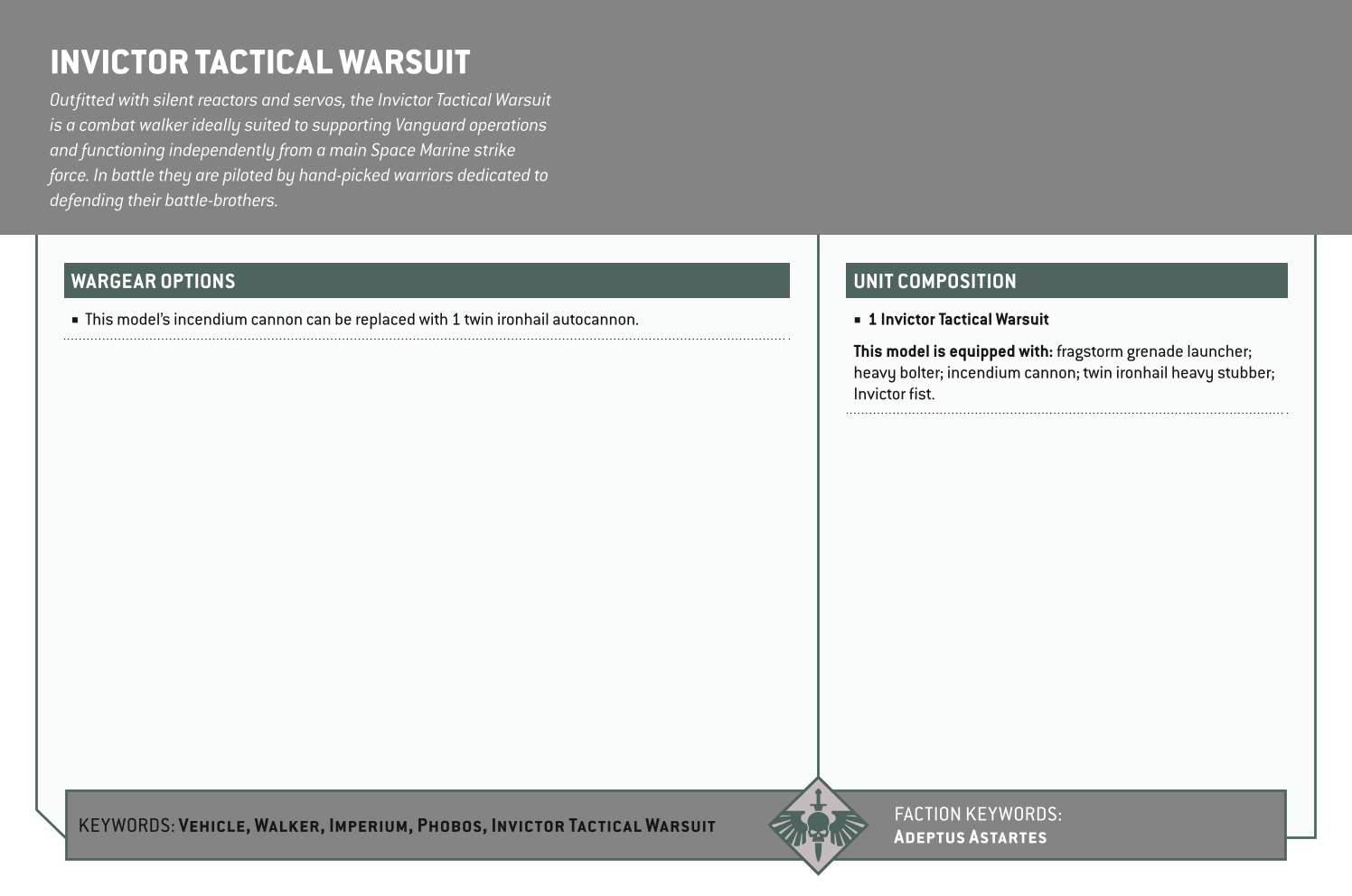 Invictor Tactical Warsuit Options