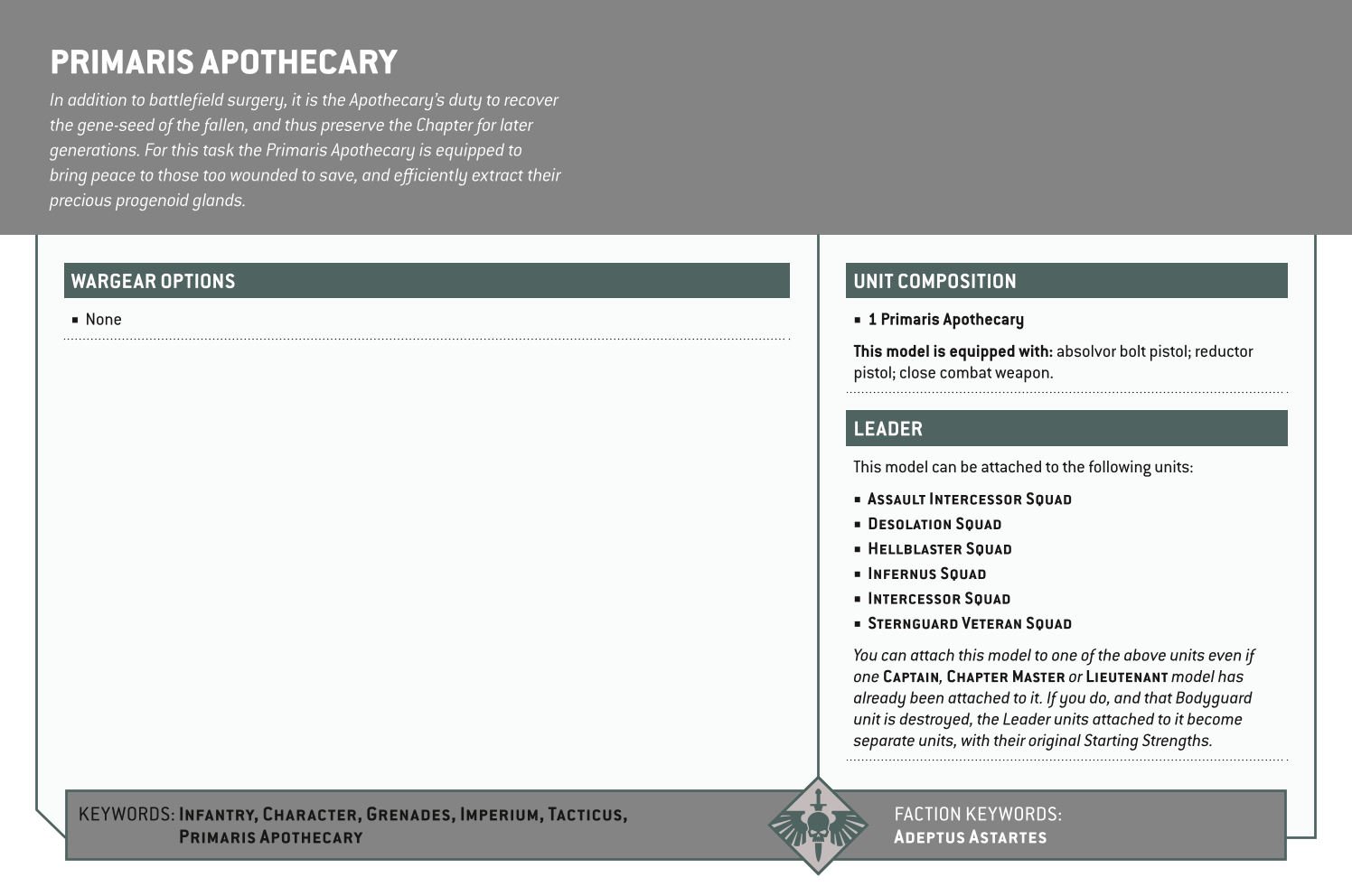 Primaris Apothecary Options