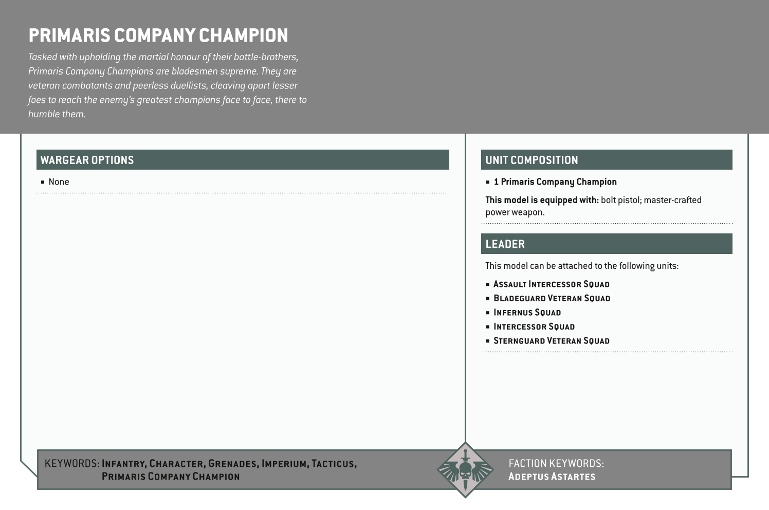 Primaris Company Champion Options