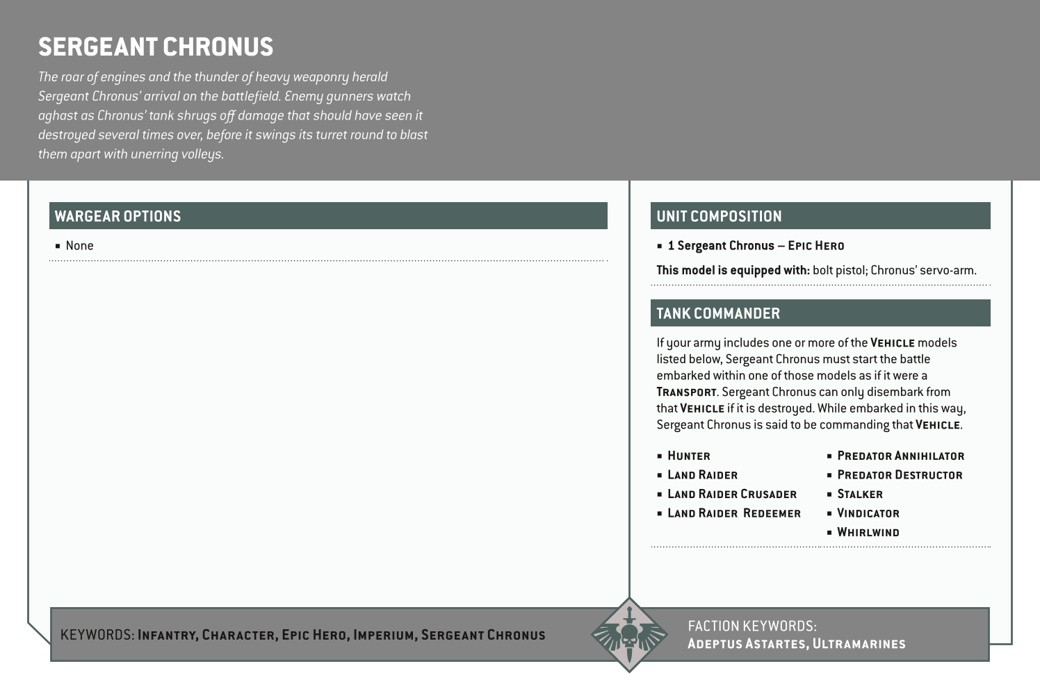 Sergeant Chronus Options