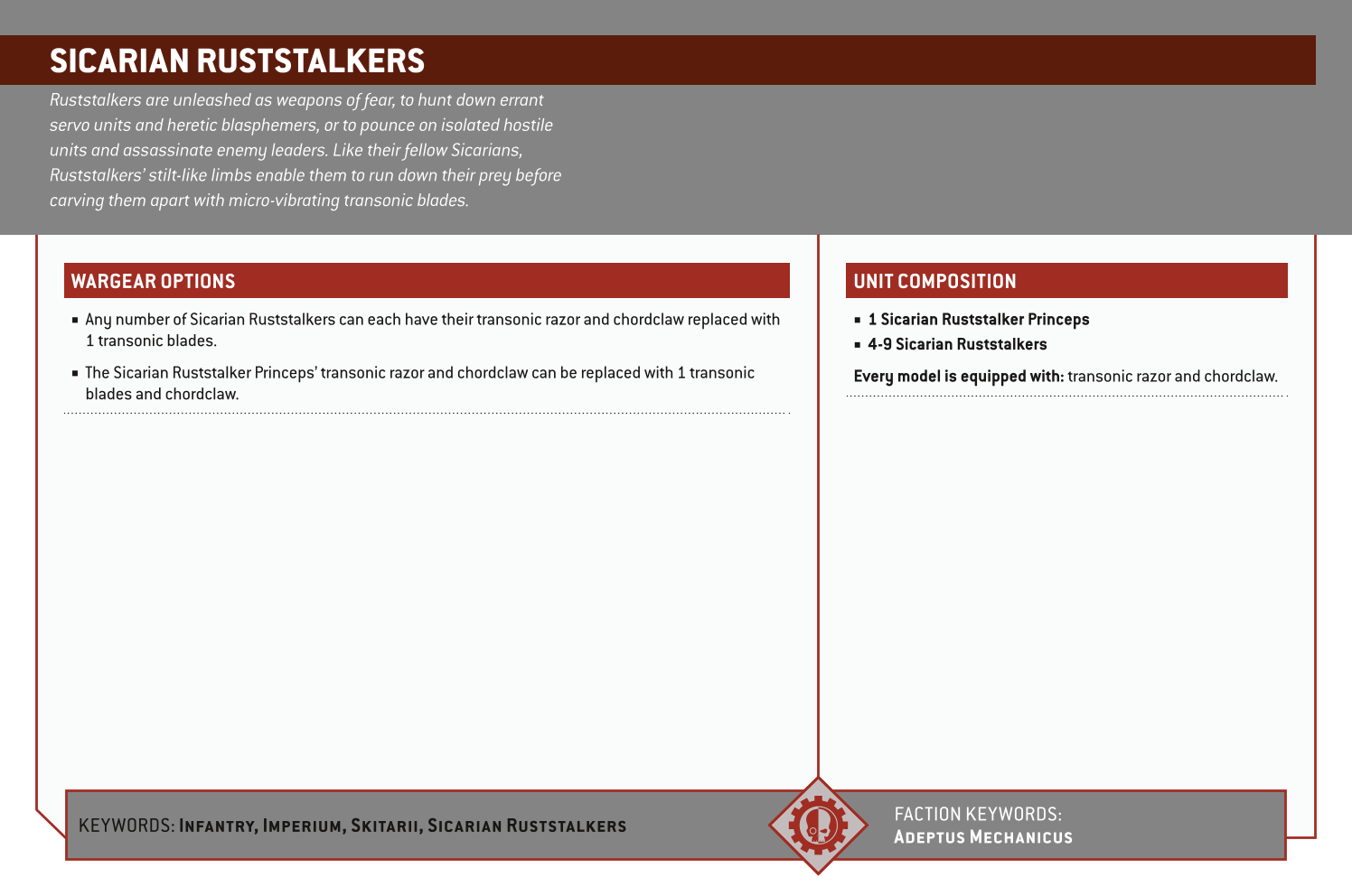 Sicarian Ruststalkers Options