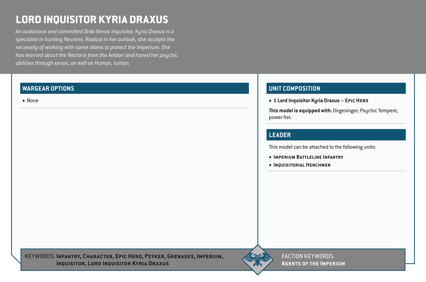 Lord Inquisitor Kyria Draxus Options