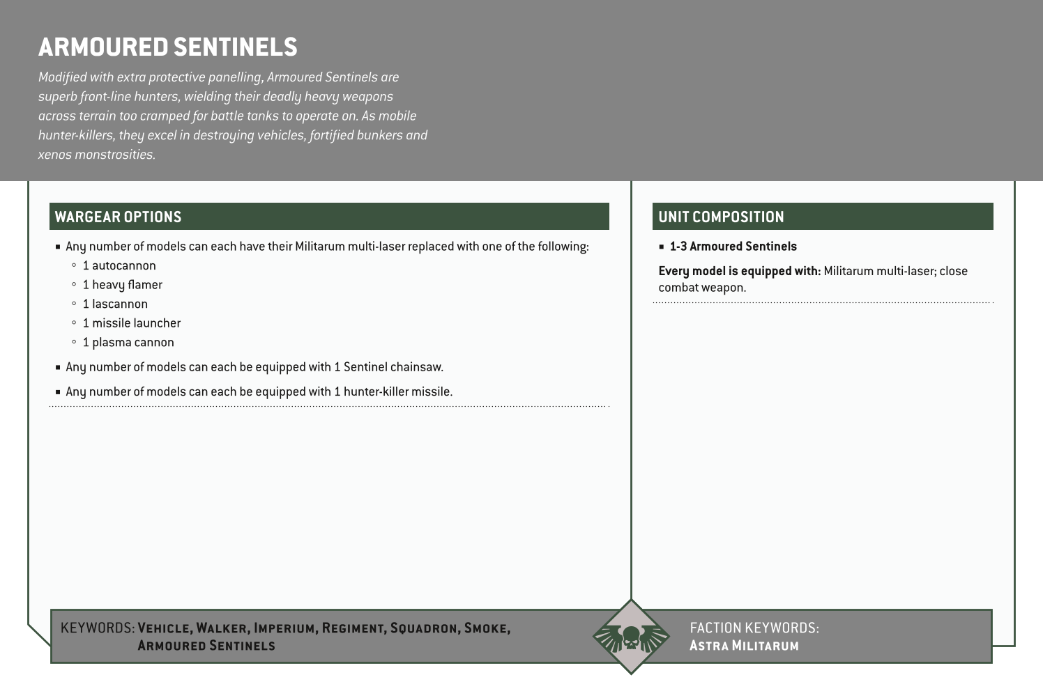 Armoured Sentinels Options