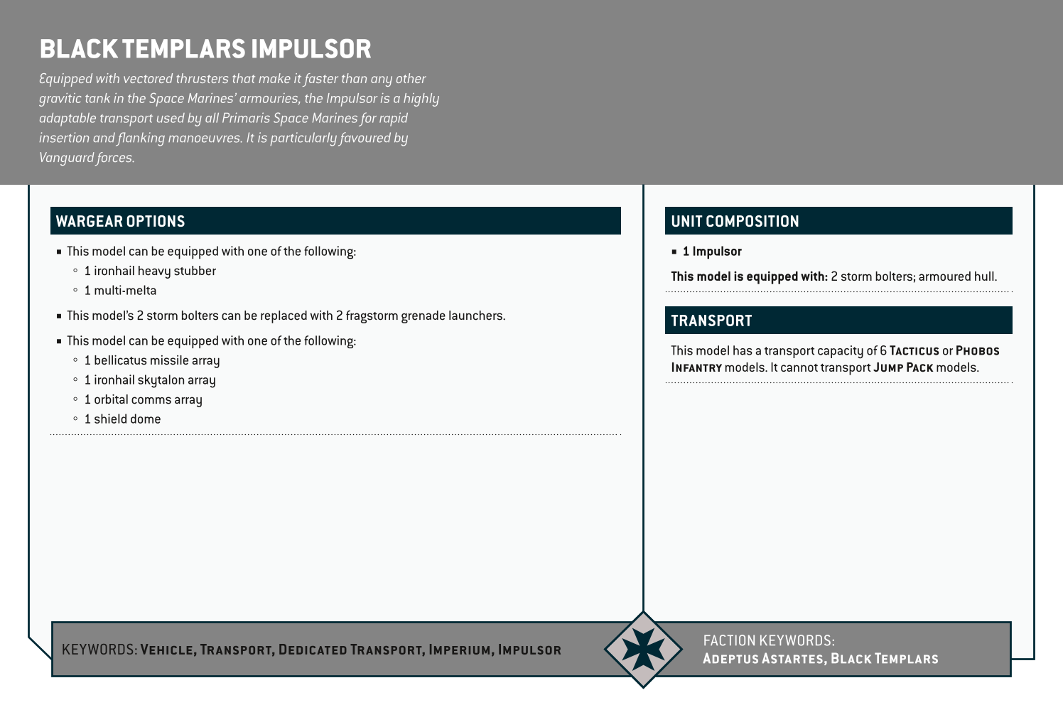 Black Templars Impulsor Options