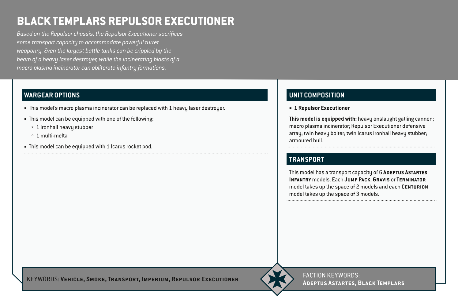 Black Templars Repulsor Executioner Options