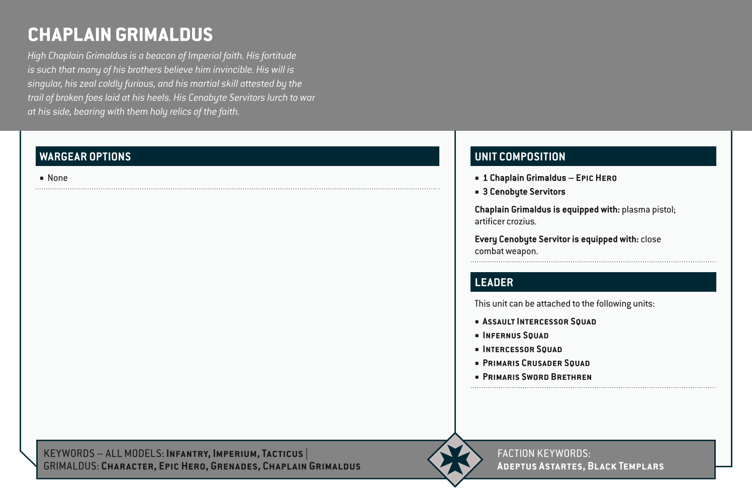 Chaplain Grimaldus Options