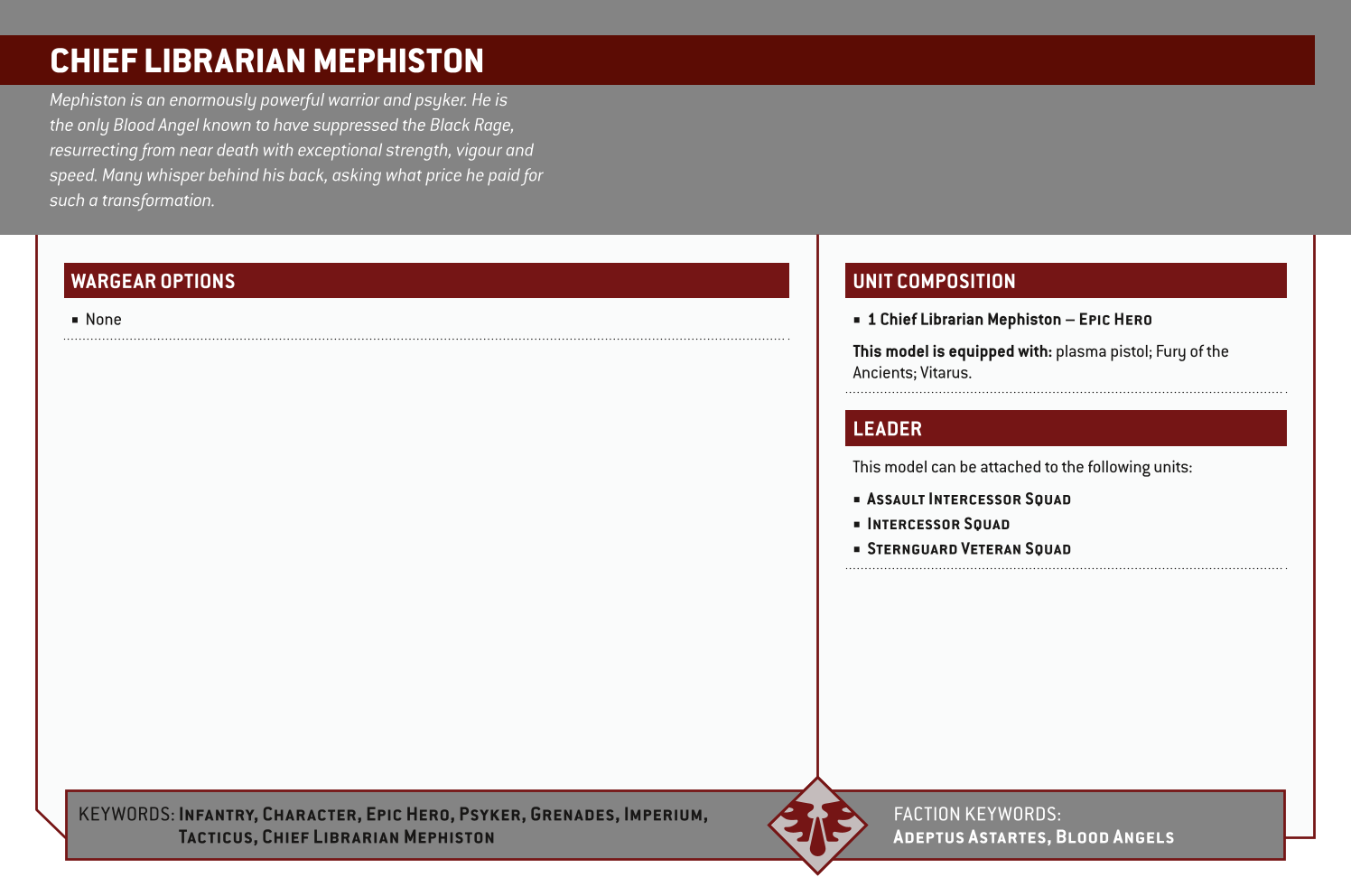 Chief Librarian Mephiston Options