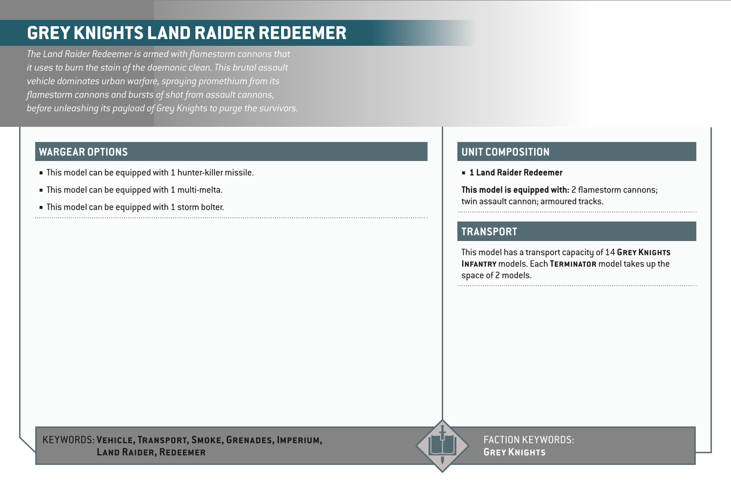 Grey Knights Land Raider Redeemer Options